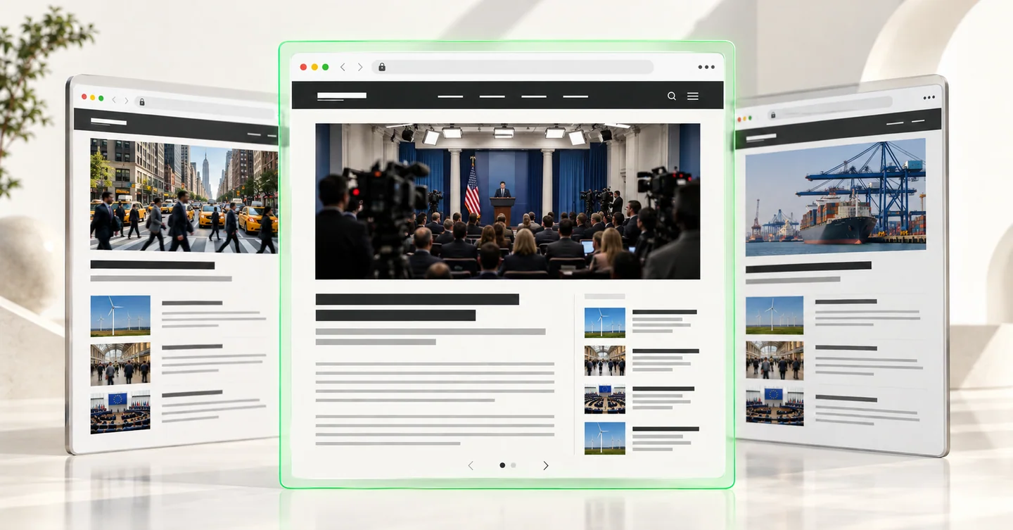 Illustration von Online-Presseartikeln über internationale Nachrichten, Institutionen und Wirtschaft.